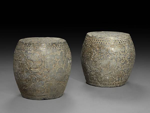 Appraisal: A pair of Chinese carved stone garden seats Of barrel