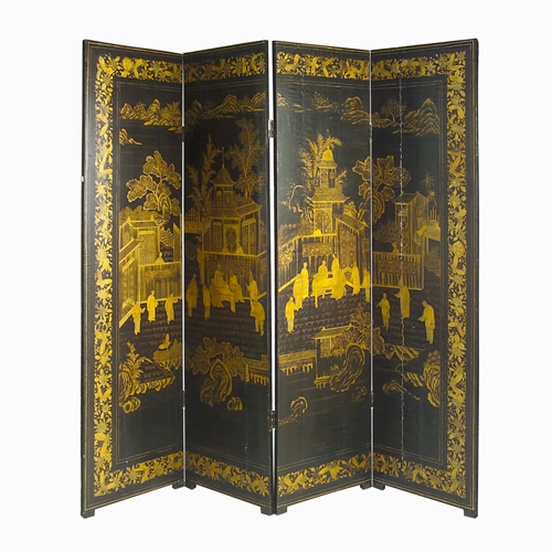 Appraisal: Chinoiserie four-panel folding screen in black lacquer gilt-painted on one