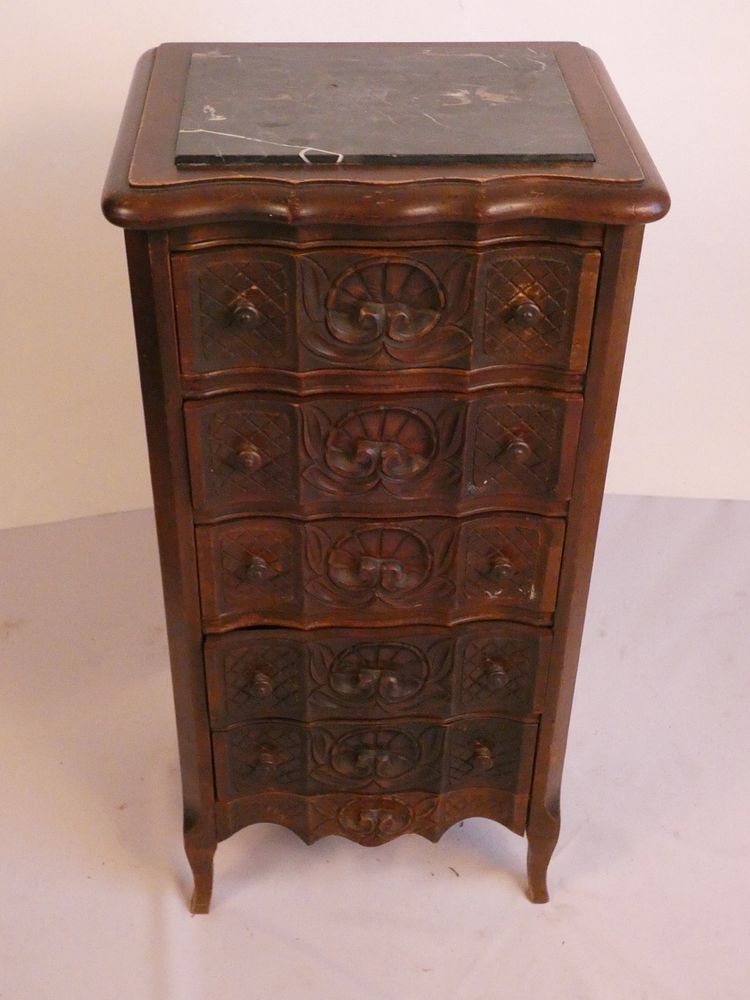 Appraisal: SMALL MARBLE TOP LINEN CHEST Old carved wood drawer small