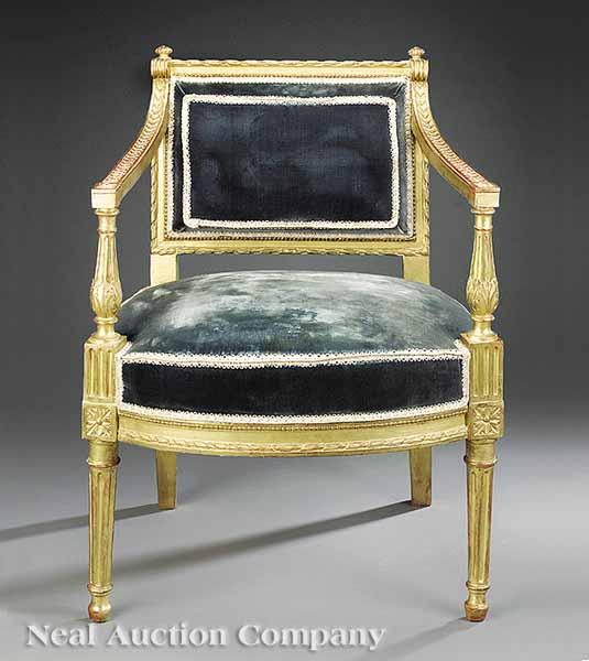 Appraisal: A Rare Louis XVI Carved Giltwood Fauteuil late th c