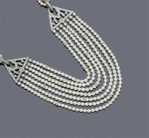 Appraisal: PEARL AND BRILLIANT-CUT DIAMOND NECKLACE White gold Very decorative two-row