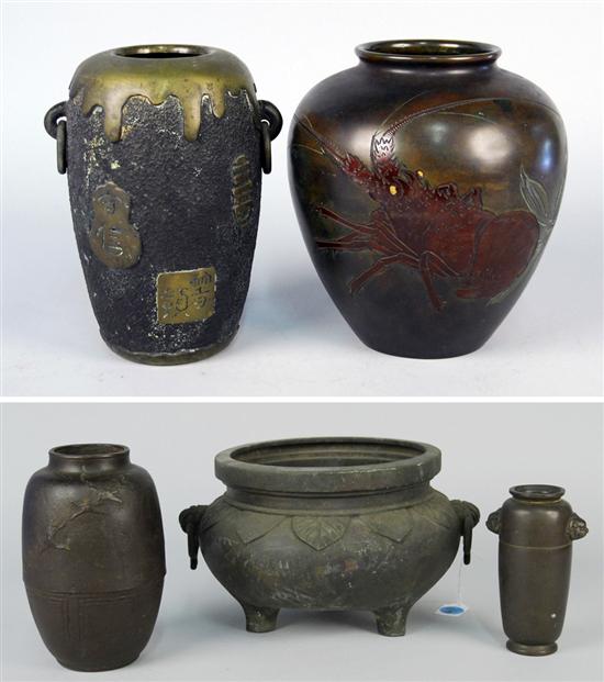 Appraisal: FOUR JAPANESE BRONZE VASES and a JAPANESE BRONZE JARDINIERE height