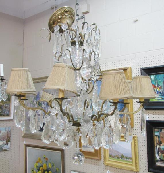 Appraisal: An antique -light bronze chandelier with crystal prisms fabric shades