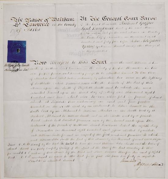 Appraisal: English lease document dated THE MANOR OF WALTHAM ST LAWRENCE