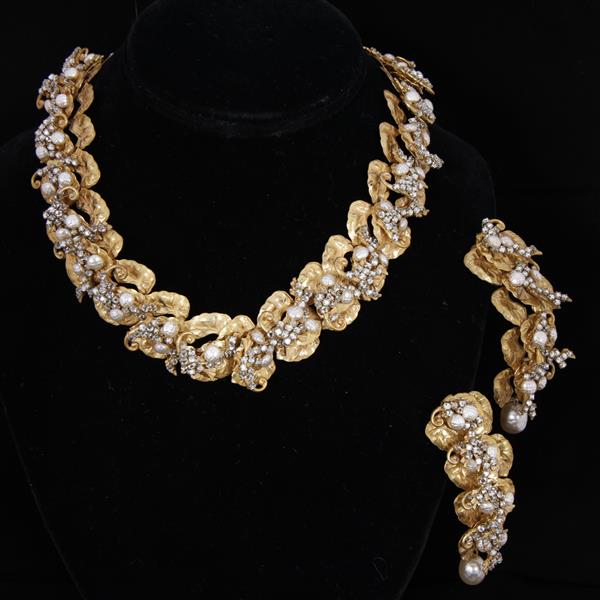 Appraisal: Miriam Haskell pc Gilt Rhinestone Necklace Clip Earrings