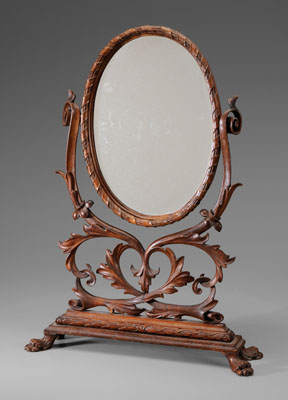 Appraisal: Fine Carved Walnut Tabletop Mirror th century walnut throughout oval