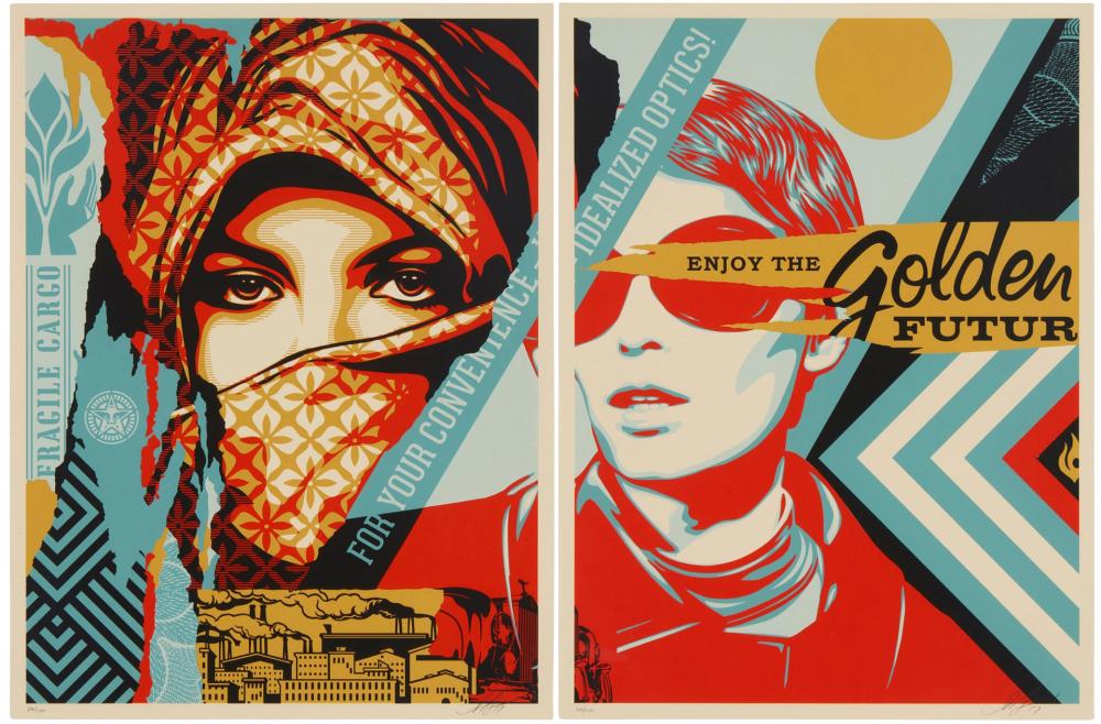 Appraisal: SHEPARD FAIREY B GOLDEN FUTURE FOR SOME DYPTICH SCREENPRINT IN