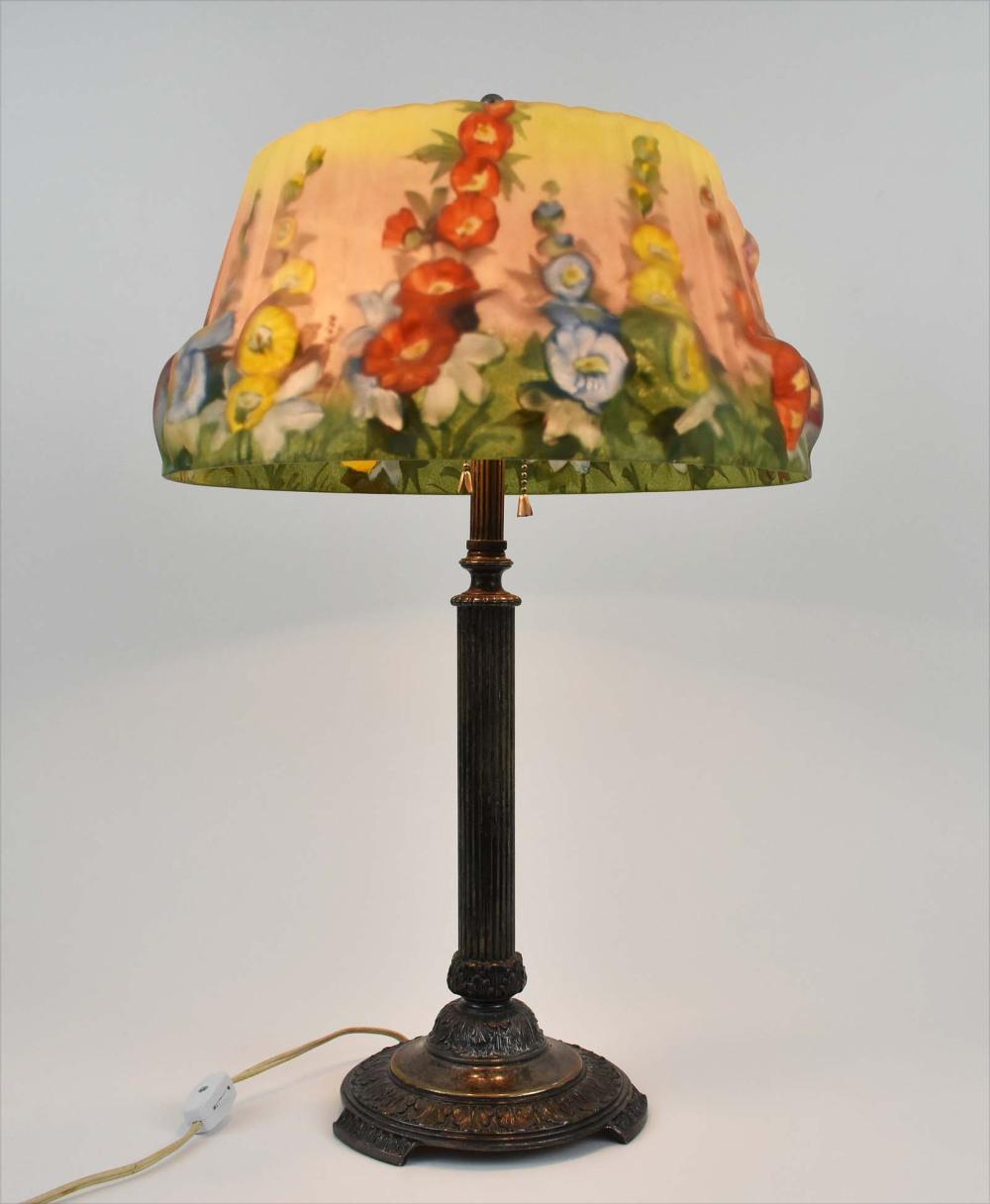 Appraisal: PAIRPOINT PAINTED PUFFY HOLLYHOCK GLASS TABLE LAMP - The shade