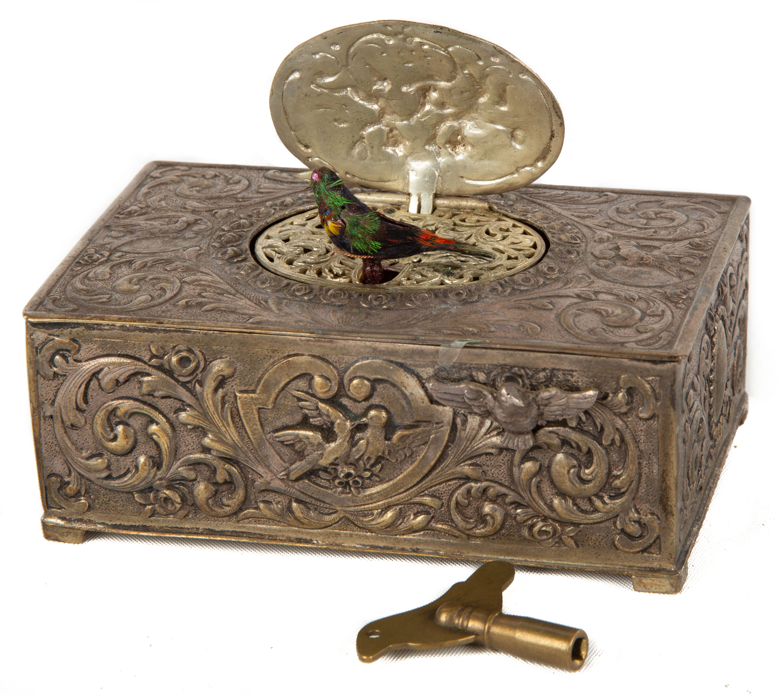 Appraisal: GERMAN SILVER SINGING BIRD BOX circa With repousse work