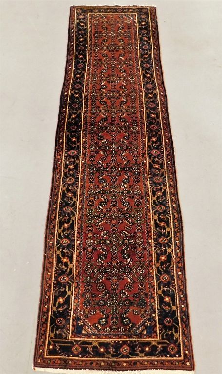 Appraisal: Hamadan Red and Navy Geometric Carpet Runner Middle East th