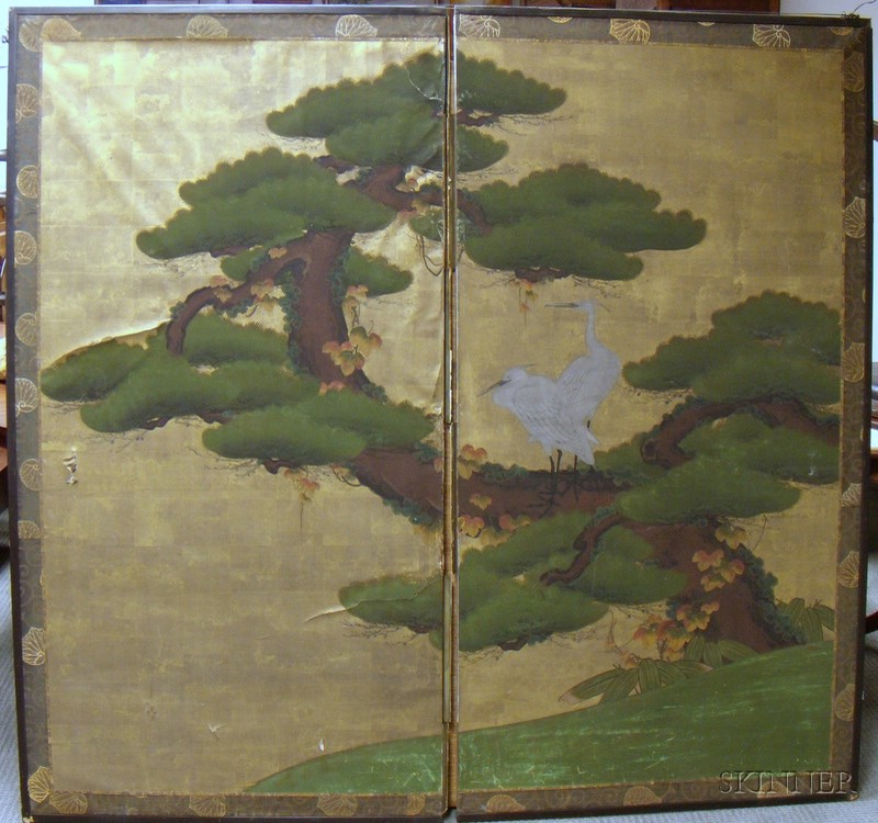 Appraisal: Japanese Two-Panel Screen th century depicting pine trees and egrets