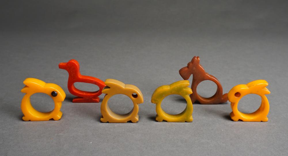 Appraisal: SIX BAKELITE ANIMAL-FORM NAPKIN RINGSSix Bakelite Animal-Form Napkin Rings