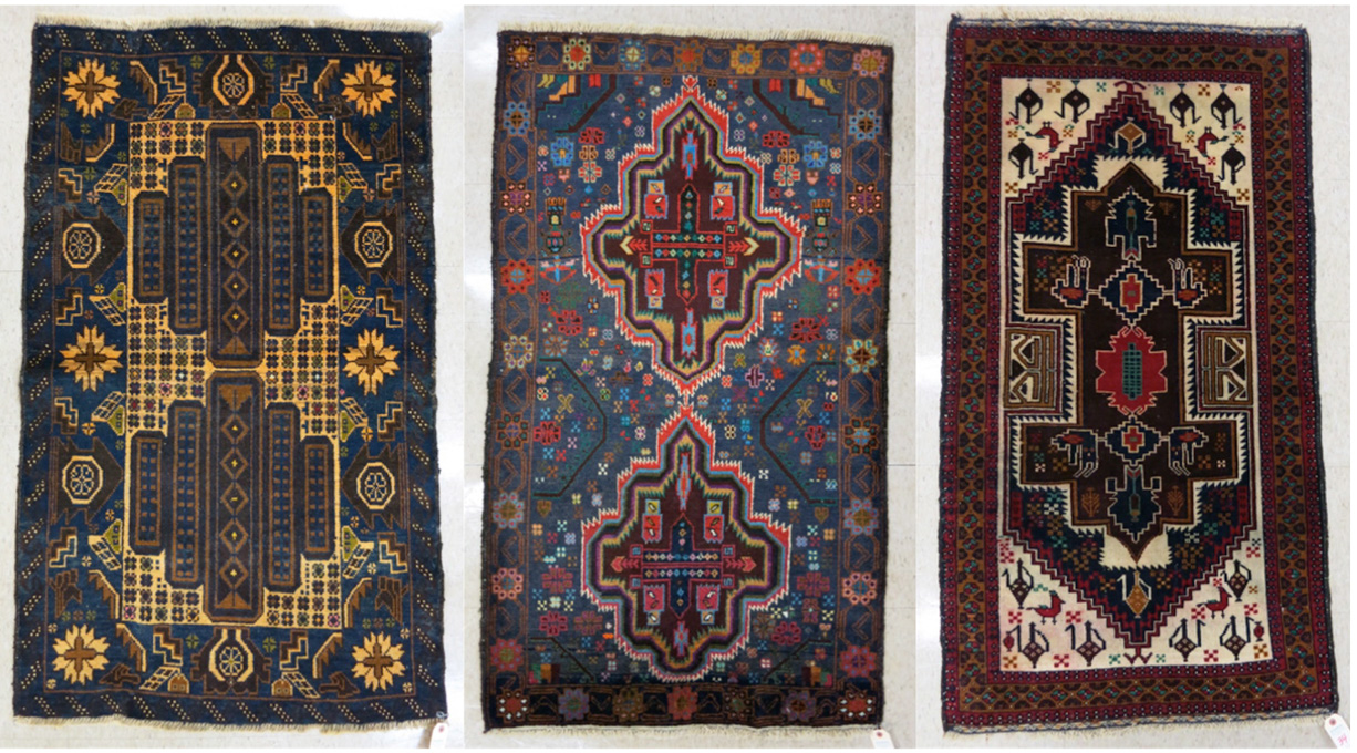 Appraisal: THREE AFGHAN BELOUCHI TRIBAL AREA RUGS hand knotted sizes '