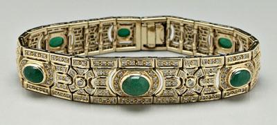 Appraisal: Emerald and diamond bracelet seven dark green emerald cabochons estimated