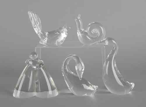 Appraisal: Five Steuben glass figures th c to include a snail