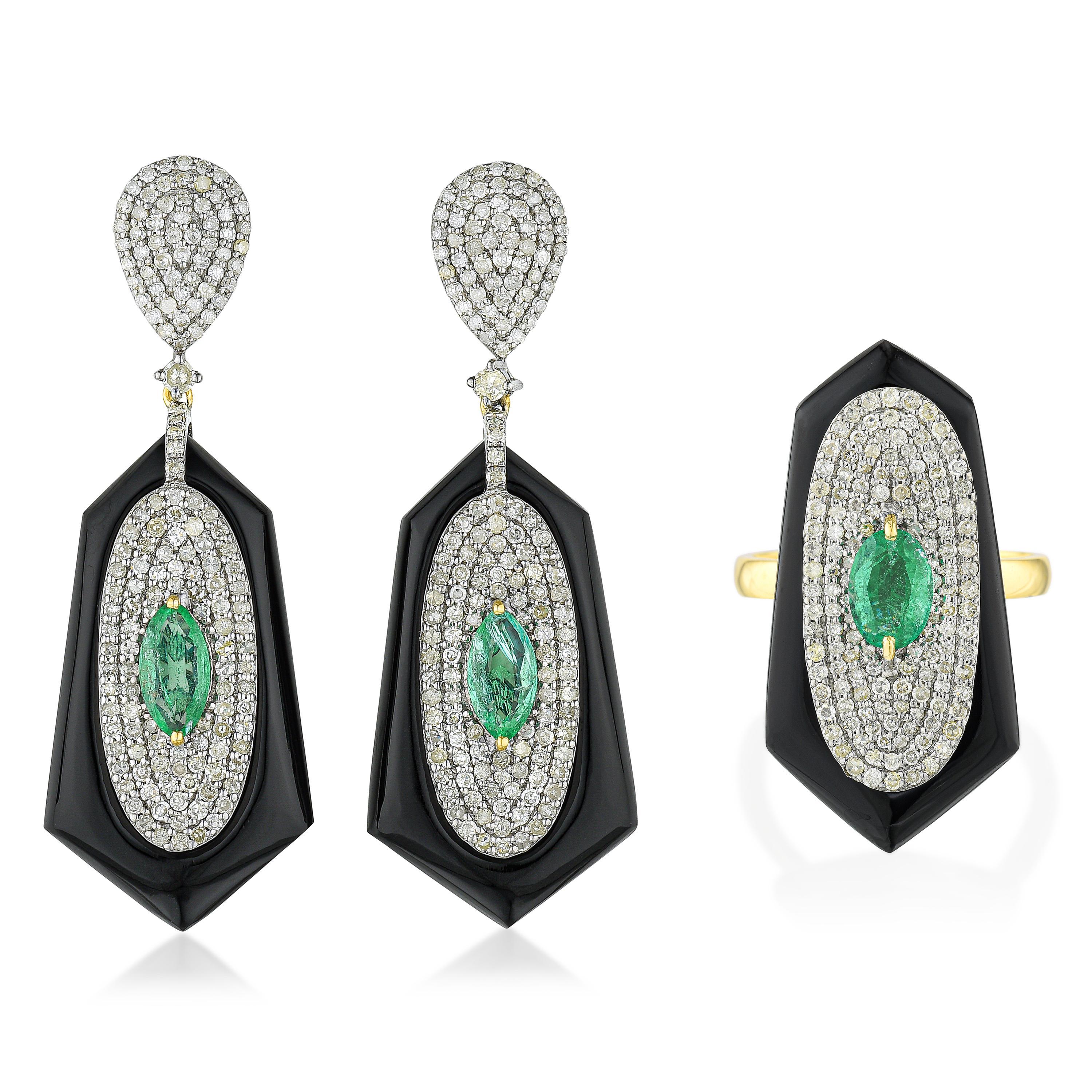 Appraisal: ONYX EMERALD AND DIAMOND RING AND EARRINGS SET METAL silver