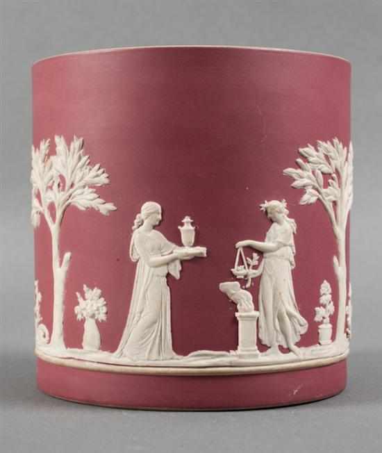 Appraisal: Wedgwood maroon jasperware cachepot th century maroon ground with classical