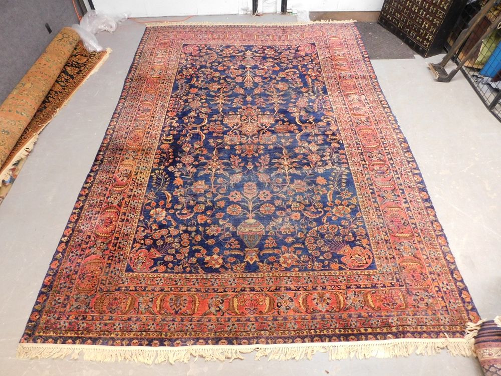 Appraisal: Antique Oriental Sarouk Blue Botanical Rug Middle East Circa Flower