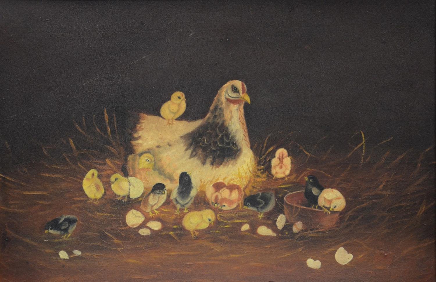 Appraisal: Oil on board hen chicks late th C original condition