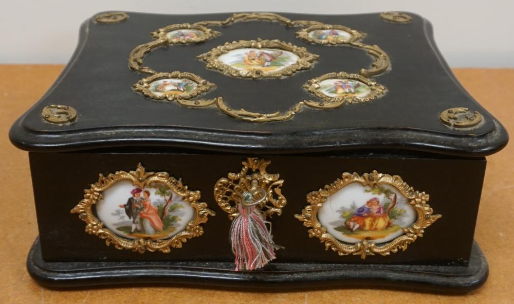 Appraisal: Napoleon III Brass and Porcelain Mounted Ebonized Wood Hinged Jewelry