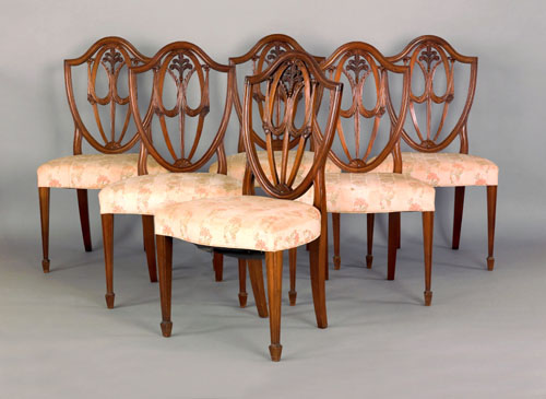 Appraisal: Set of six Hepplewhite style mahogany shieldback dining chairs