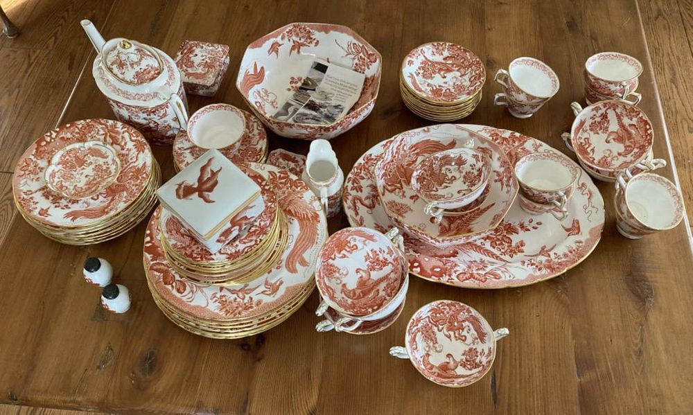 Appraisal: Partial Royal Crown Derby Porcelain Dinner Service in Red Aves