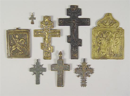 Appraisal: Eight Russian Brass Religious Pendants Six crosses from - high