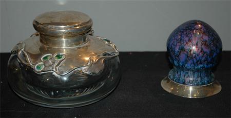 Appraisal: Edward VII Enameled Silver Mounted Glass Inkwell Together with an