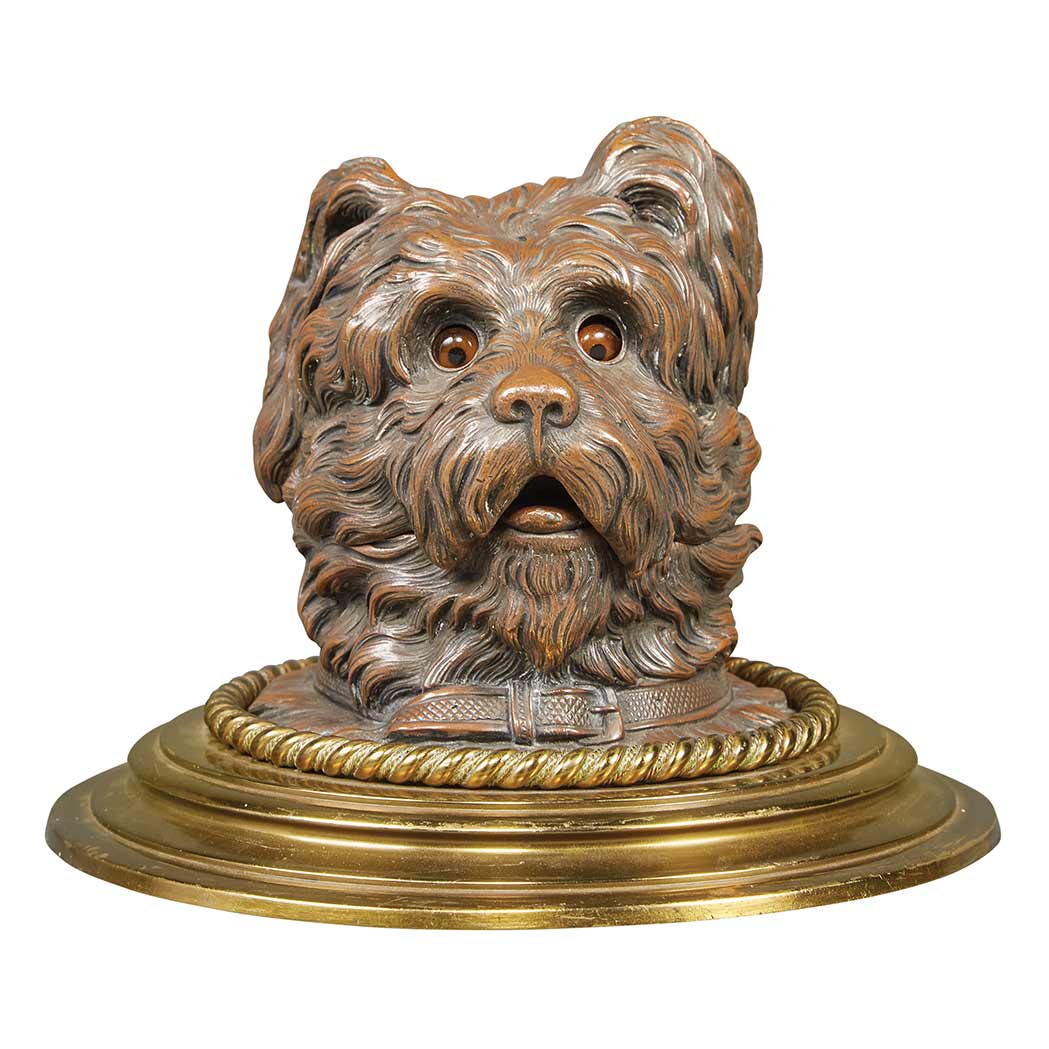 Appraisal: Bronze Terrier Head Form Inkstand First quarter of the th