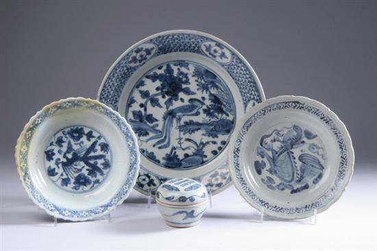 Appraisal: THREE CHINESE BLUE AND WHITE PORCELAIN DISHES AND CIRCULAR BOX