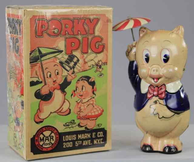 Appraisal: BOXED PORKY PIG Louis Marx lithographed tin depicts Porky holding