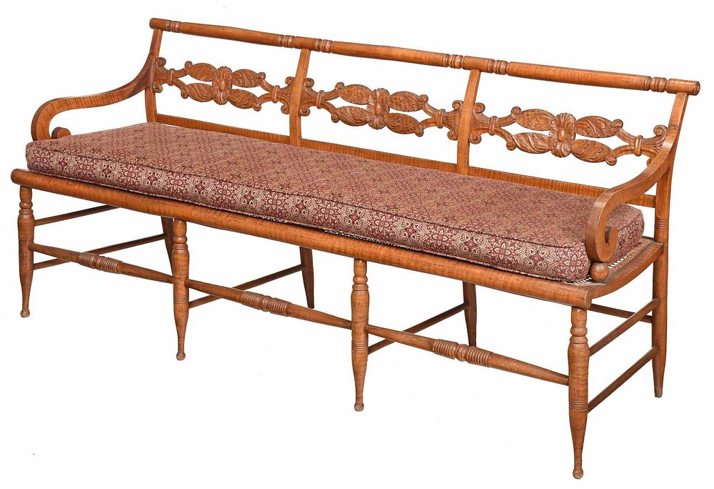 Appraisal: American Sheraton Carved Tiger Maple Settee probably New York -