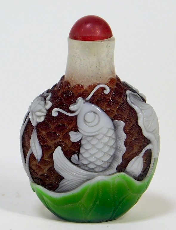 Appraisal: Chinese Carved Peking Glass Koi Fish Snuff Bottle China th