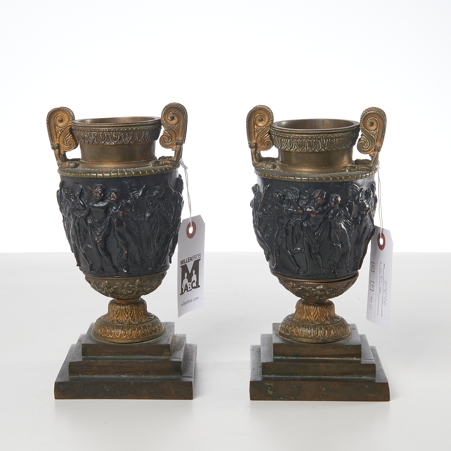 Appraisal: PAIR CONTINENTAL NEO-CLASSIC BRONZE CABINET URNS Late th c bas