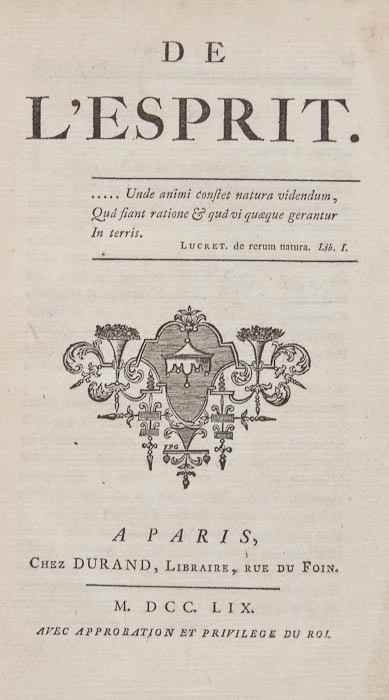 Appraisal: Helv tius Claude Adrien De L'Esprit title with woodcut ornament