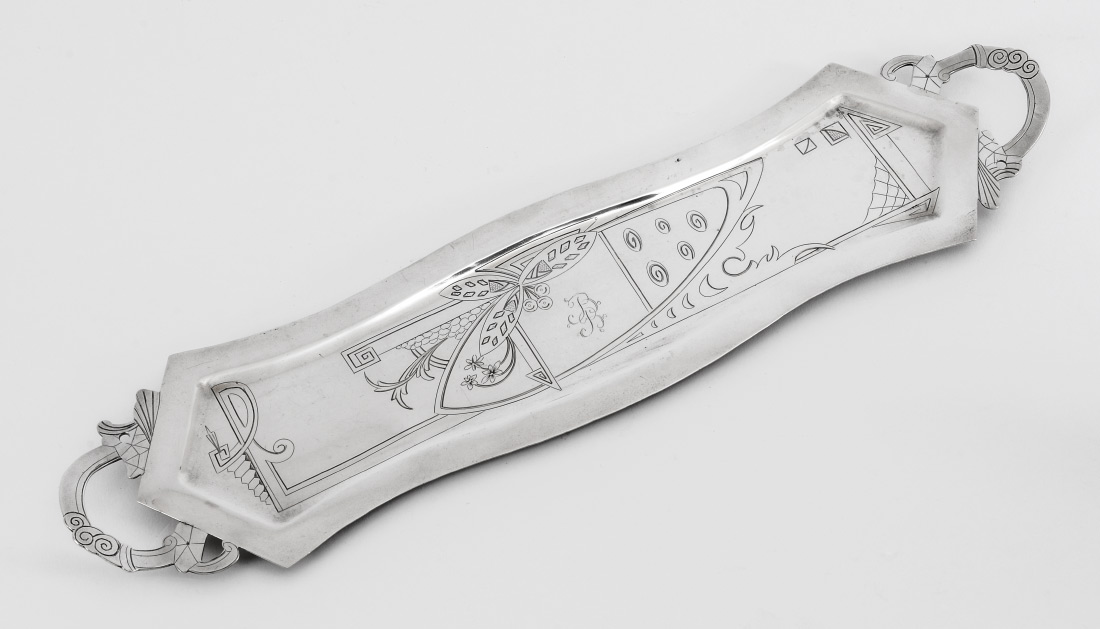 Appraisal: ENGRAVED RUSSIAN SILVER TRAY Shaped pen tray engraved with floral