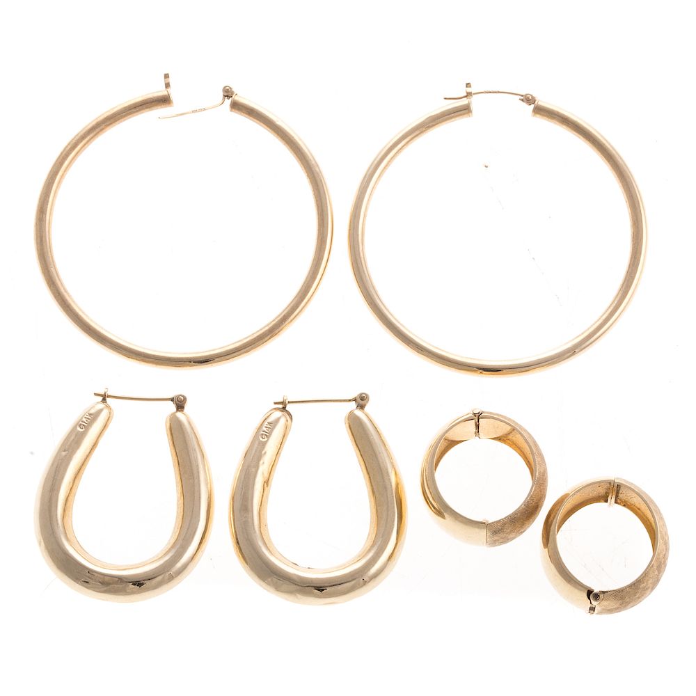 Appraisal: Three Pairs of Gold Hoop Earrings K yellow gold round