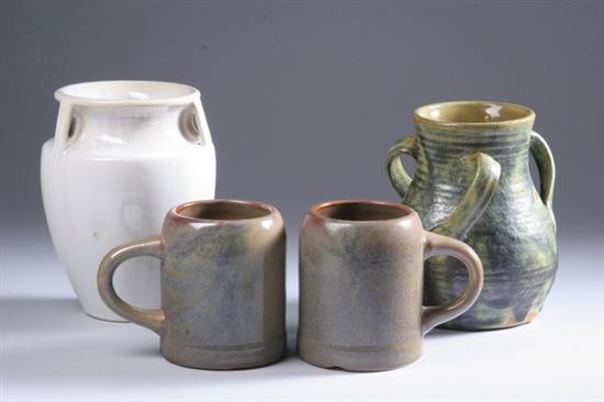 Appraisal: FOUR PIECES FULPER ART POTTERY One three-handled jar green and