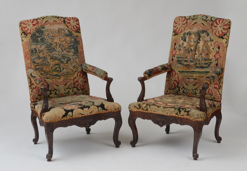 Appraisal: PAIR OF R GENCE STYLE CARVED WALNUT FAUTEUILS LA REINE