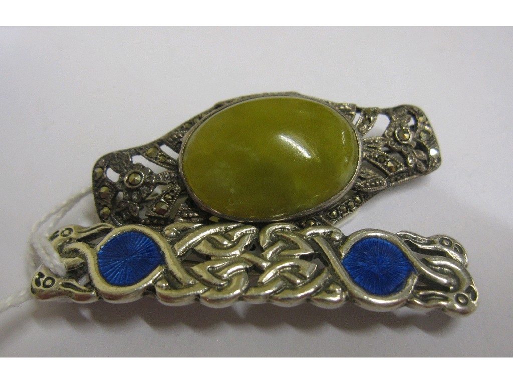 Appraisal: Lot comprising a silver and enamel Celtic knotwork bar brooch