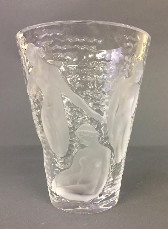 Appraisal: Lalique Vase Decorated with Frosted Nudes Lalique vase decorated with