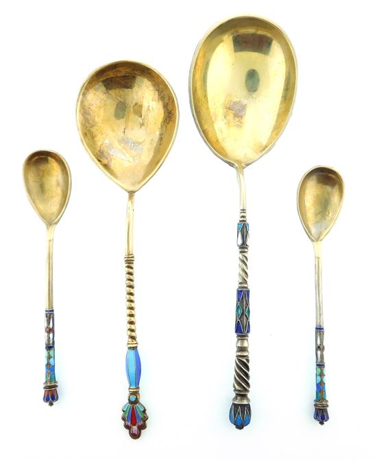 Appraisal: SILVER Four enamel on silver spoons with hallmarks Russian style