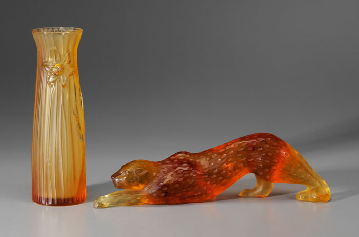 Appraisal: Lalique Snow Leopard Daffodil Vase French th century snow leopard