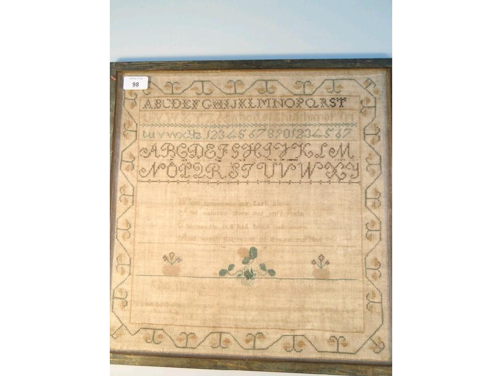 Appraisal: A thC silk needlework sampler dated cm x cm framed