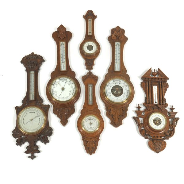 Appraisal: SIX VICTORIAN CARVED OAK CASED BAROMETERS From to long Aneroid