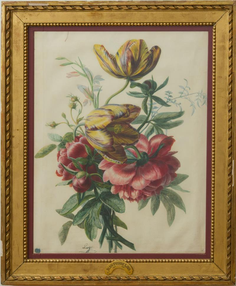 Appraisal: JEAN-PIERRE LA S - TULIPES ET PIVOINES Watercolor and gouache