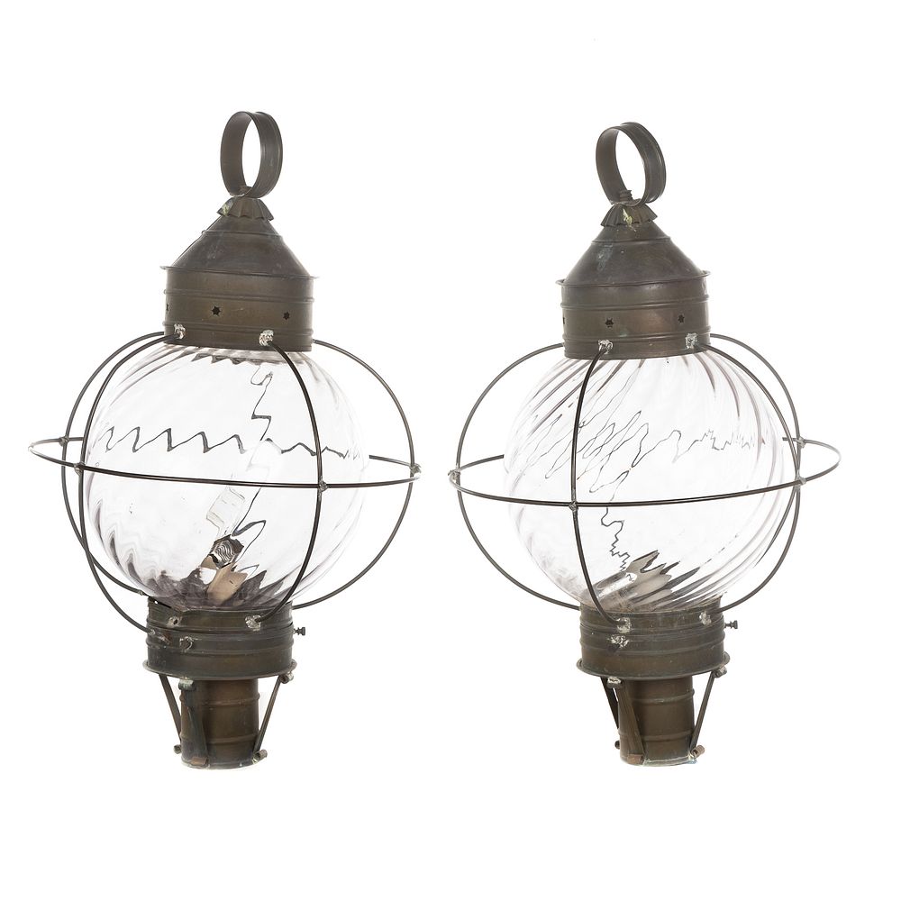 Appraisal: Pair of Sheet Metal Glass Hanging Lanterns New England Late