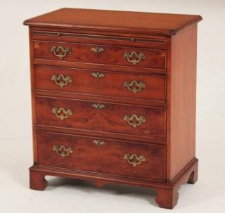 Appraisal: SMALL ENGLISH BURL YEWWOOD BACHELORS CHEST WITH GRADUATING DRAWERS AND