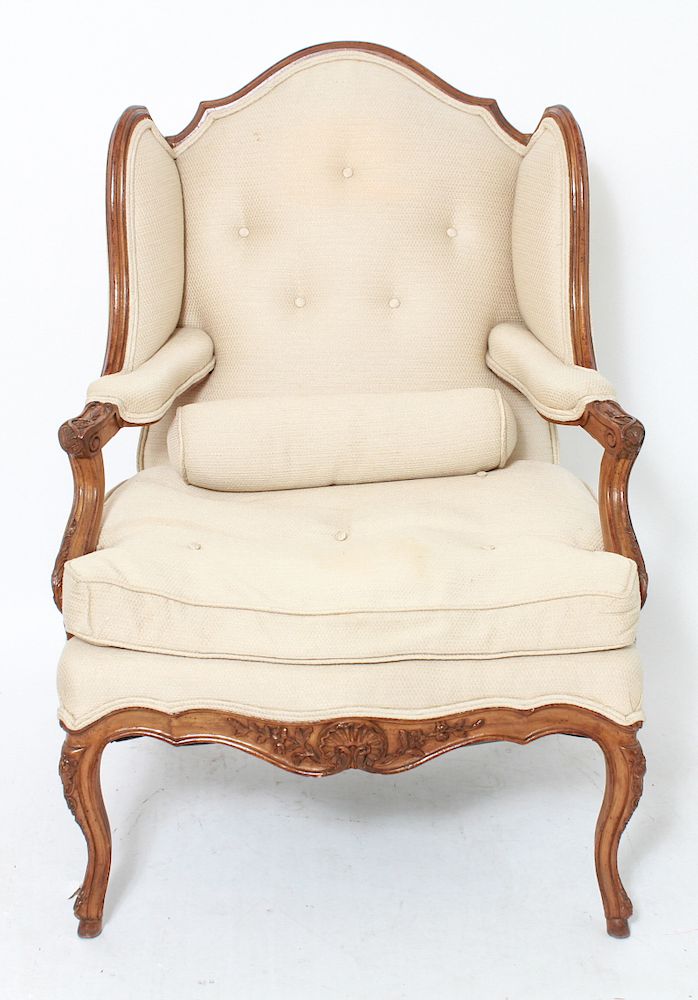 Appraisal: French Style Wingback Fauteuil Shell Carved Apron French style wingback