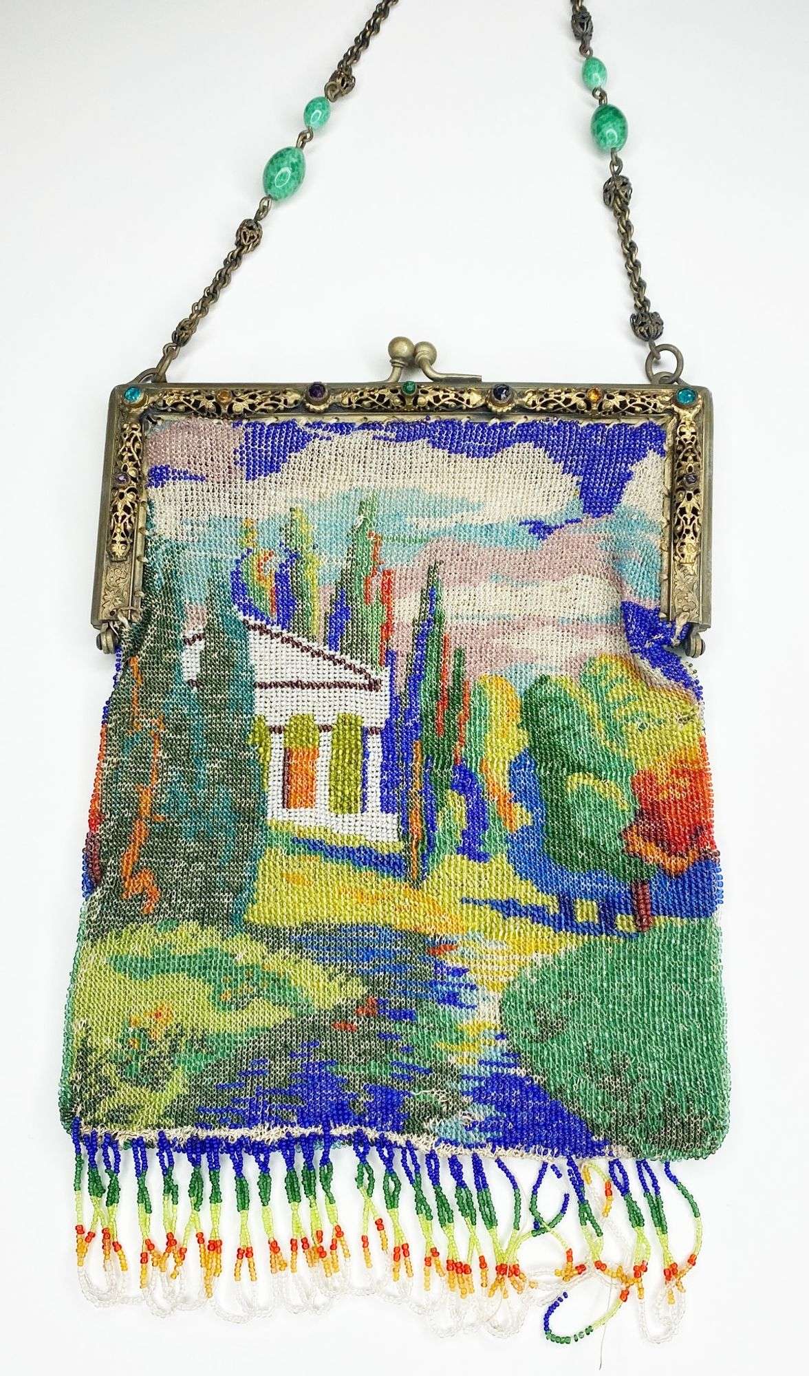 Appraisal: Micro Beaded Hand Bag with Wooded Homestead Scene long at